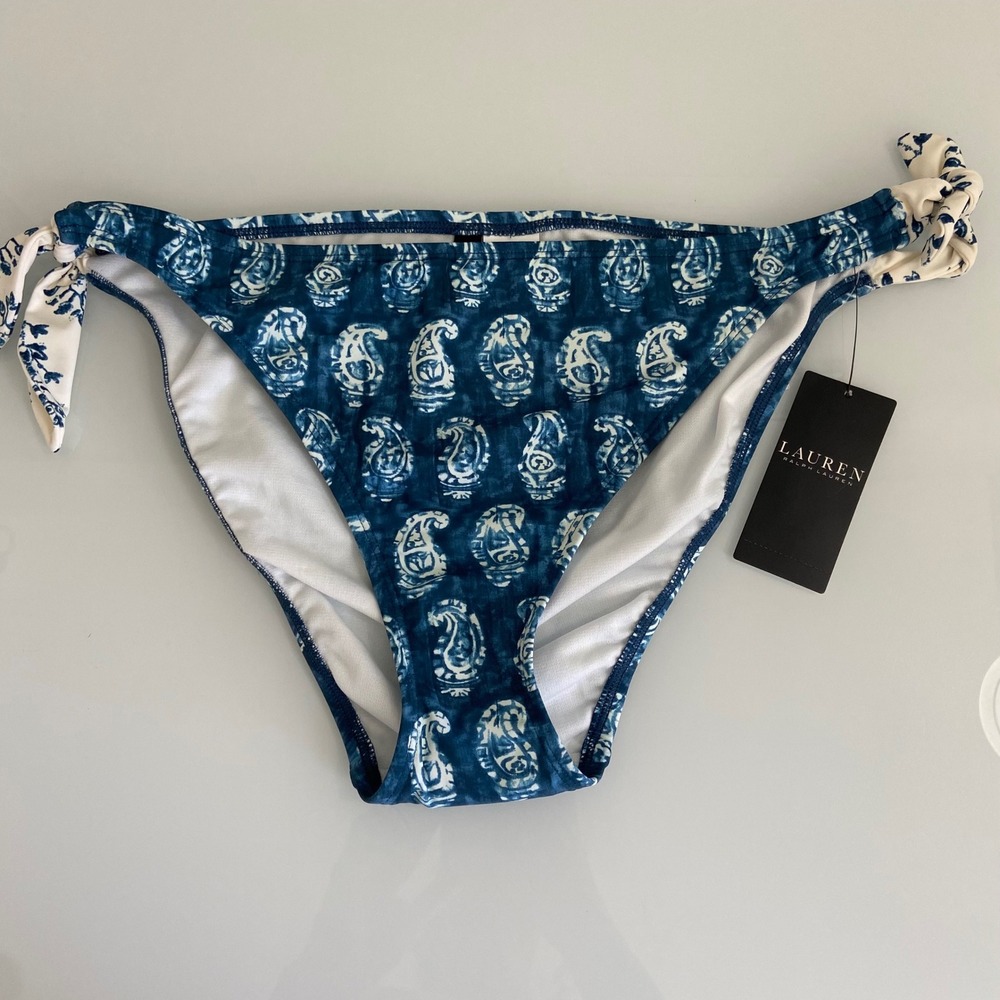 Lauren Ralph Lauren Blue Paisley Print Tie Side Bikini‎ Bottom Swimsuit Size 12